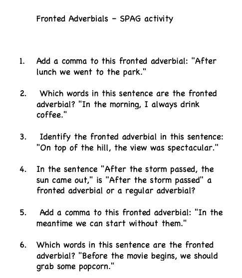 Fronted Adverbial SPAG questions